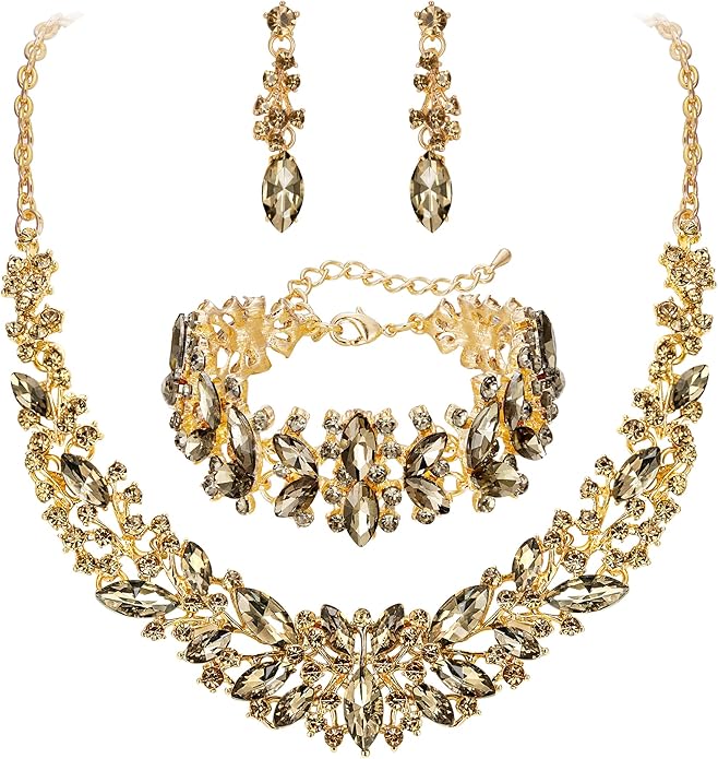 BriLove Women's Wedding Bridal Austrian Crystal Marquise Cluster Collar Necklace Dangle Earrings Set