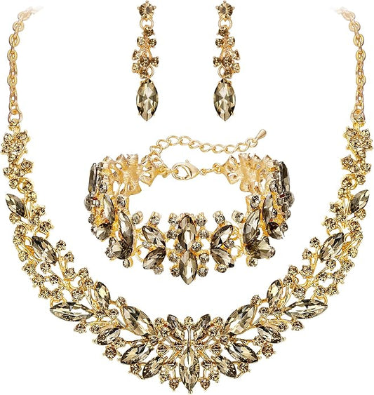 BriLove Women's Wedding Bridal Austrian Crystal Marquise Cluster Collar Necklace Dangle Earrings Set