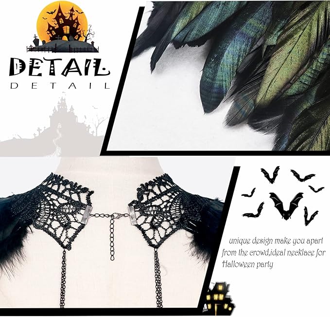 L'VOW Real Black Feather Harness Lace Collar Necklace Bib Halloween