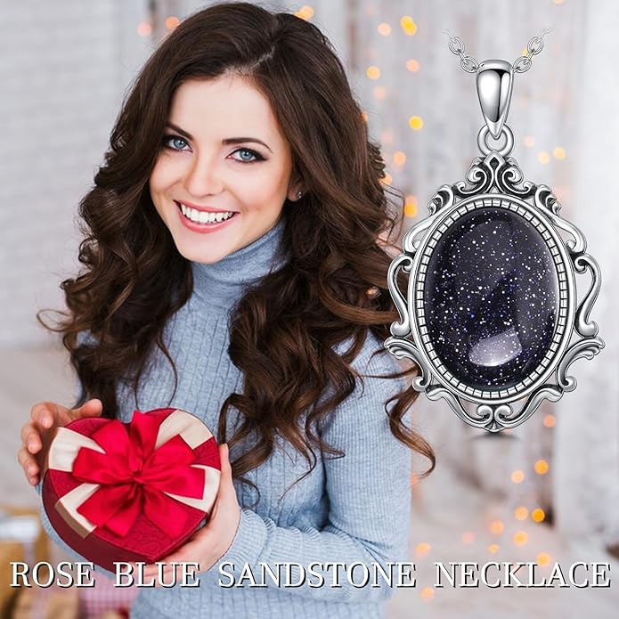 PELOVNY Rose Necklace 925 Sterling Silver Moonstone Turquoise Obsidian Necklace Victorian Cameo Rose Vintage Western Jewelry Christmas Valentines Day Gifts for Women