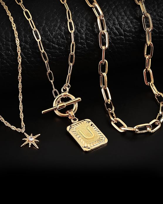 MJartoria Layered Initial Necklaces for Women Trendy, 14K Gold Plated Brass Simple Star Choker Square Letter Pendant Necklace, Paperclip Chain Necklaces Jewelry Gifts