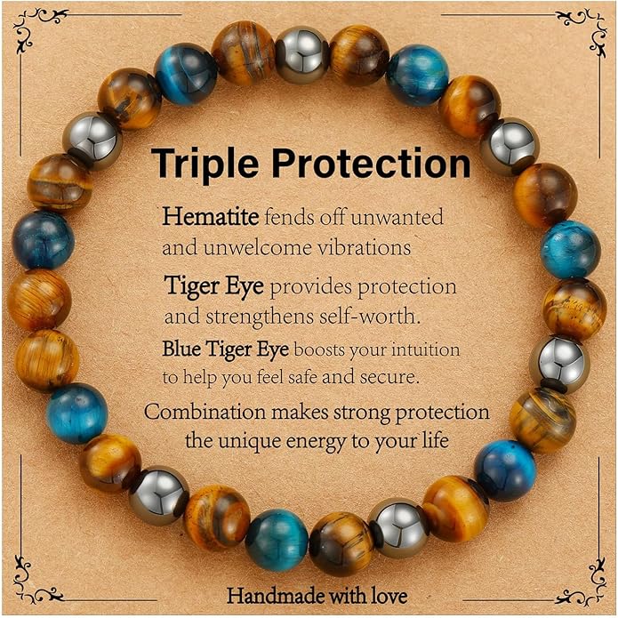 Triple Protection Bracelet for Men, Mens Black Obsidian Hematite Tiger Eye Beaded Natural Stone Evil Eye Bracelet Jewelry Gifts for Birthday Christmas