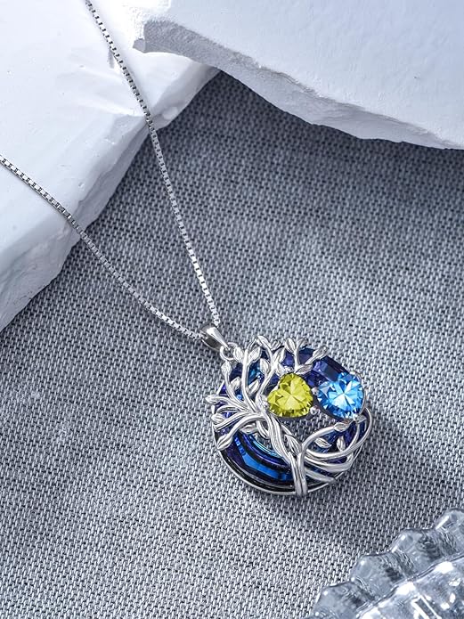 TOUPOP s925 Sterling Silver Family Celtic Tree of Life Pendant Necklaces with 2 Heart Birthstone with Blue Austrian Crystal Jewelry Birthday Anniversary Christmas Gifts for Her Wife Girlfriend Mom (18K Real White Gold Filled)