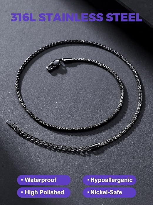 Richsteel Stainless Steel Mens Flat Link Chain Necklace, Black/Gold/Steel Chain for men, 2mm/4mm/6mm Width, No Tarnish & Hypoallergenic Hip Hop Jewelry, 18"-30" Length