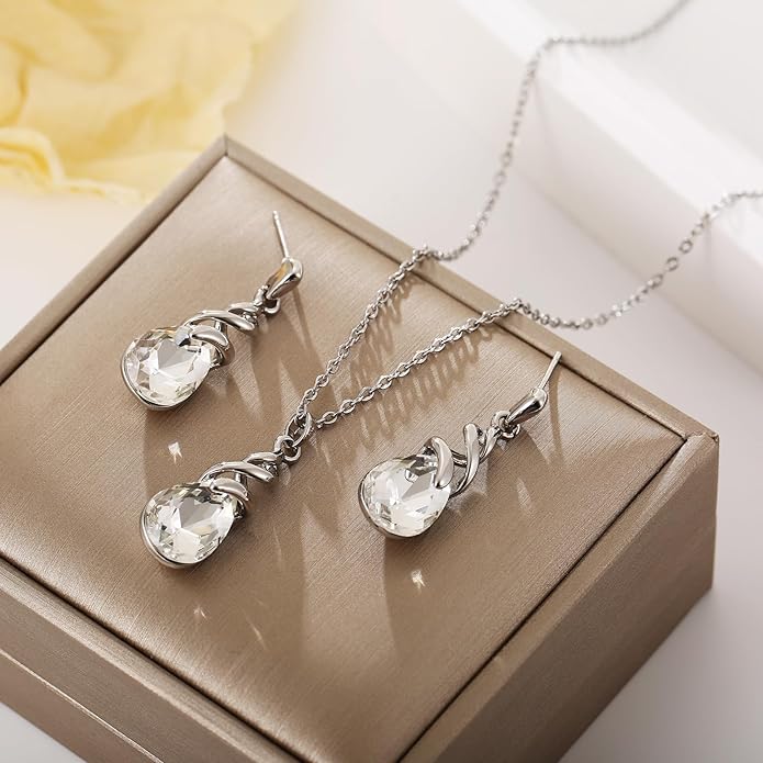 RUOFFETA Teardrop Crystal Jewelry Set, Birthstone Pendant Necklace Drop Dangle Earrings for Women