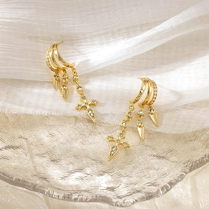 Dangle Earrings for Women,14k Gold Plated Triple Huggie Stud Earrings Dainty Drop Earrings for Women Trendy Gold Statement CZ Long Chain Earrings Non Tarnish Jewelry