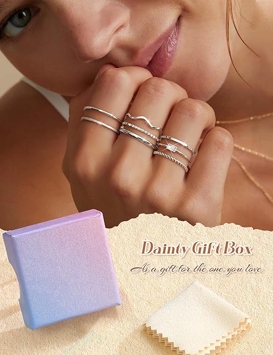 THUNARAZ 8Pcs Stackable Rings for Women Non Tarnish 14K Gold Plated Stainless Steel Dainty Rings Set Minimalist Thin Thumb Ring Cubic Zirconia Wave Statement Ring Bands for Women Size 5-10