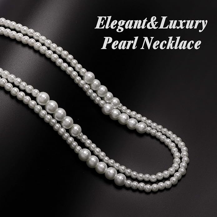 Long Pearl Necklaces for Women Cream White Faux Pearl Strand Layered Necklace Costume Jewelry