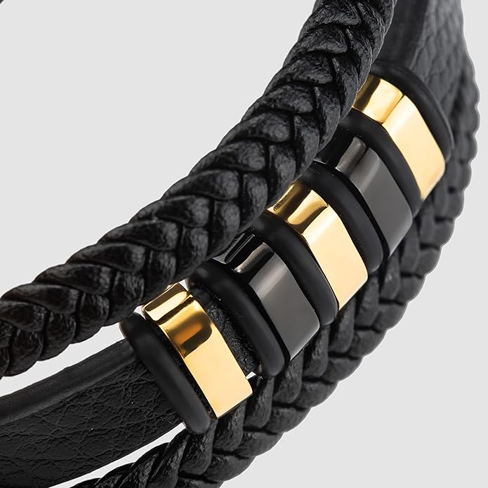 SERASAR | Premium Genuine Leather Bracelet [Glory] for Men in Black | Magnetic Stainless Steel Clasp in Silver and Gold | Exclusive Jewelry Box | Great Gift Idea