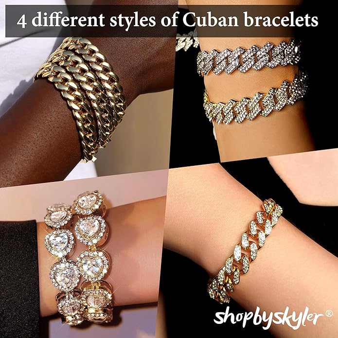 shopbyskyler 4PCS Gold Bracelets for Women Silver Clustered Tennis Bracelet for Women Heart Round Diamond Cuban Bracelet Layered Link Bracelet Set Fashion Jewelry for Women Set