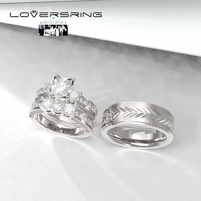 TWO RINGS Wedding Ring Sets His And Hers Promise Ring Couples Bridal Sets Women 925 Sterling Silver square Cz Man Stainless Steel Brushed Finished Wedding Bands