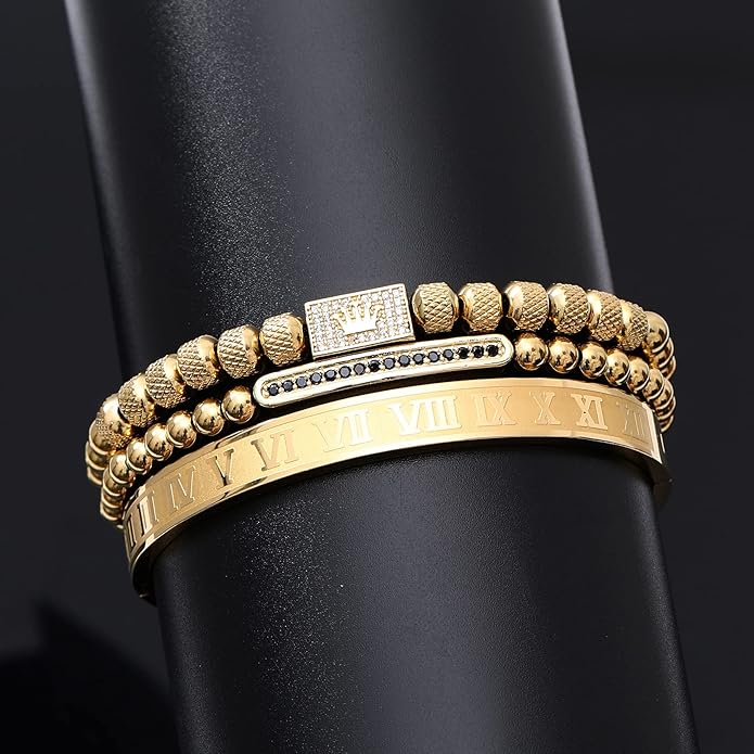 WFYOU 3PCS Stainless Steel Bracelets for Men Gold Roman Numeral Bangle Bracelet Twisted Cable Bracelet Adjustable Cuff Bracelet Mens Luxury Jewelry Bracelets Gifts