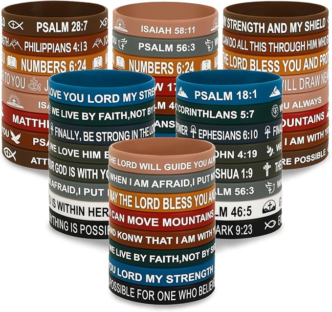 JUNEBRUSHS 64pcs Bible Verse Rubber Bracelets Bulk Inspirational Christian Rubber Silicone Wristbands Religious bible bracelet for Men Women Party Christian Gifts Supplies(16 Designs)