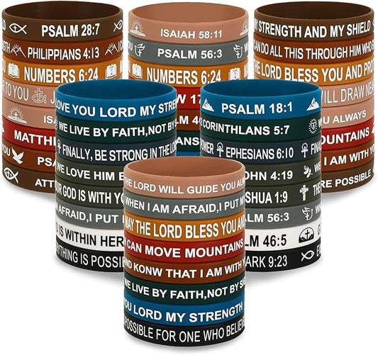 JUNEBRUSHS 64pcs Bible Verse Rubber Bracelets Bulk Inspirational Christian Rubber Silicone Wristbands Religious bible bracelet for Men Women Party Christian Gifts Supplies(16 Designs)