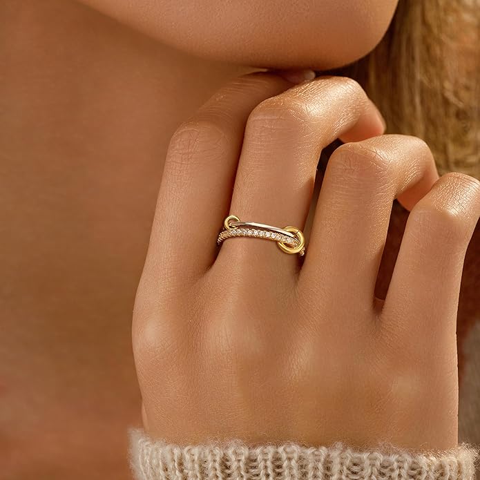 SUYACS 14K Gold Plated Interlocked Stackable Rings for Women Non Tarnish 925 Sterling Silver Mixed Metals Multi Statement Stack Ring Two Tone Connected Bands CZ Thumb Ring Jewelry Gifts