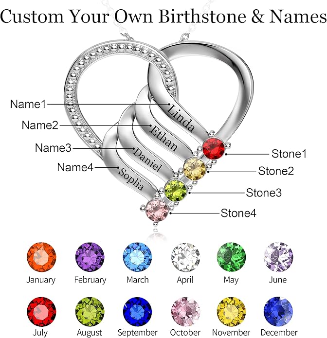Easycosy Custom Name Necklace with Simulated Birthstones Customized Promise Necklace Heart Pendant with Engraved 2-6 Names - Anniversary Birthday Christmas Jewelry Gifts for Women Wife Mom Grandma