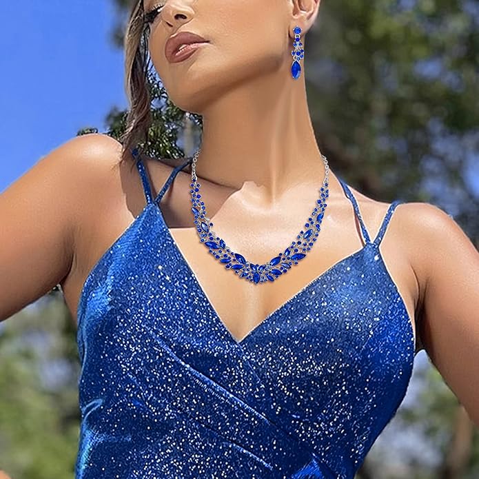 BriLove Women's Wedding Bridal Austrian Crystal Marquise Cluster Collar Necklace Dangle Earrings Set