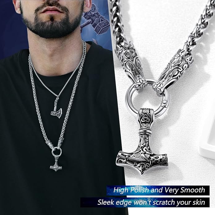 PROSTEEL Norse Viking Jewelry for Men Women, Vintage Thor Hammer/Thor Axe/Raven/Odin Necklace, 316L Stainless Steel Pendant Chain, Come with Box