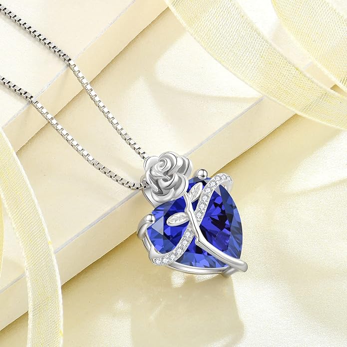 Birthstone Necklace for Women 925 Sterling Silver Love Heart Rose Flower Necklace Dainty Jewelry Gifts for Women Wife Girlfriend Mother Daughter Her