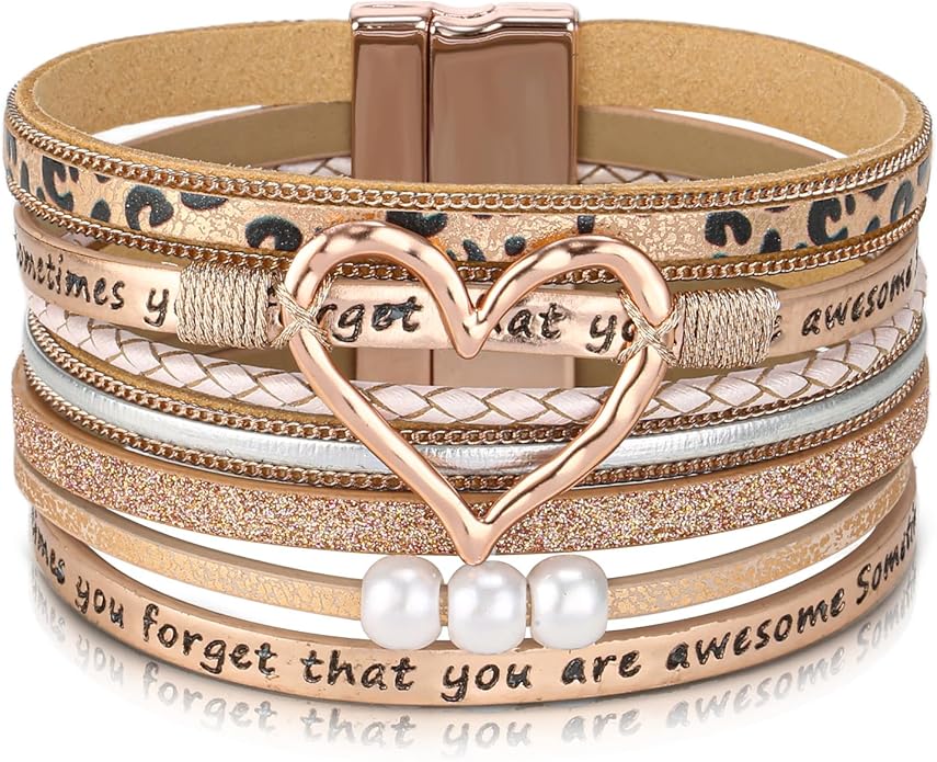 Desimtion Boho Layered Leather Wrap Inspirational Bracelets for Women, Sometimes You Forget Your Awesome Gifts for Women, Teen Girl Gifts Trendy Stuff, Christmas Jewelry for Women Girls