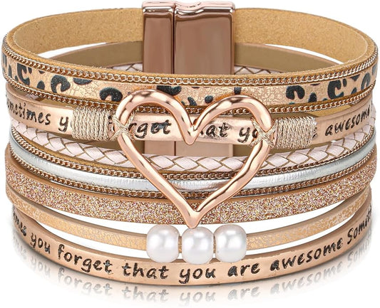 Desimtion Boho Layered Leather Wrap Inspirational Bracelets for Women, Sometimes You Forget Your Awesome Gifts for Women, Teen Girl Gifts Trendy Stuff, Christmas Jewelry for Women Girls