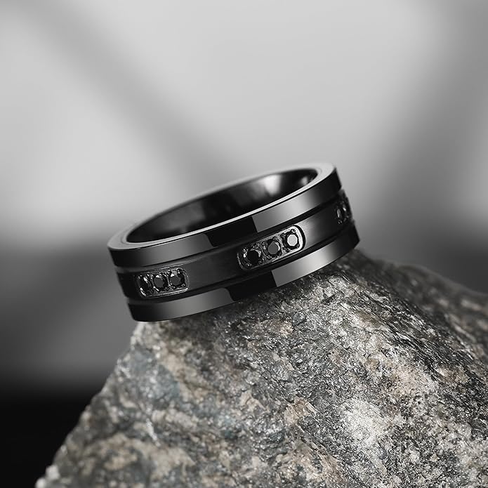 King Will Mens Tungsten Wedding Band with Cubic Zircon Inlay 7mm/8mm Flat Cut Comfort Fit Engagement Rings