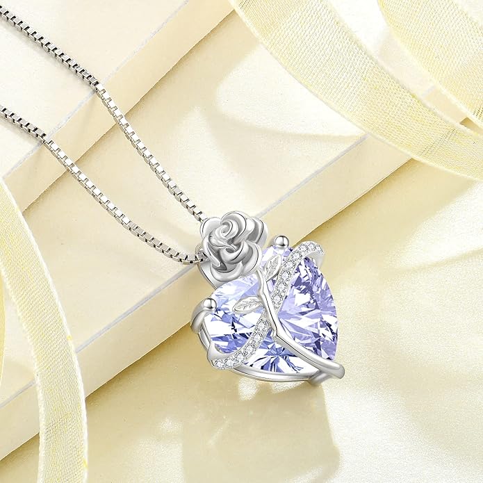 Birthstone Necklace for Women 925 Sterling Silver Love Heart Rose Flower Necklace Dainty Jewelry Gifts for Women Wife Girlfriend Mother Daughter Her