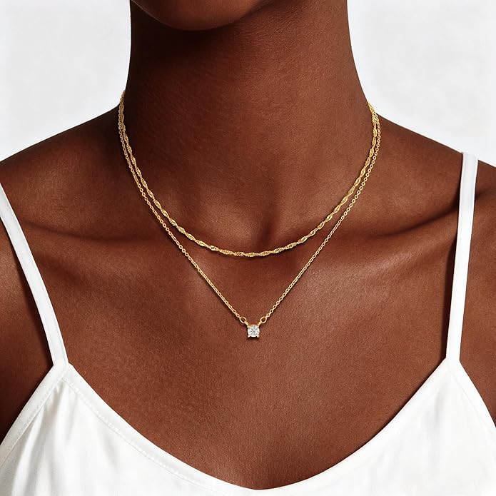 Layered Gold Necklace for Women Trendy 14K Gold Plated Heart CZ Pendant Layered Gold Necklaces Set Coin Choker Necklaces Simple Circle Cubic Zirconia Pearl Necklace Stack Herringbone Paperclip Chain Jewelry Set