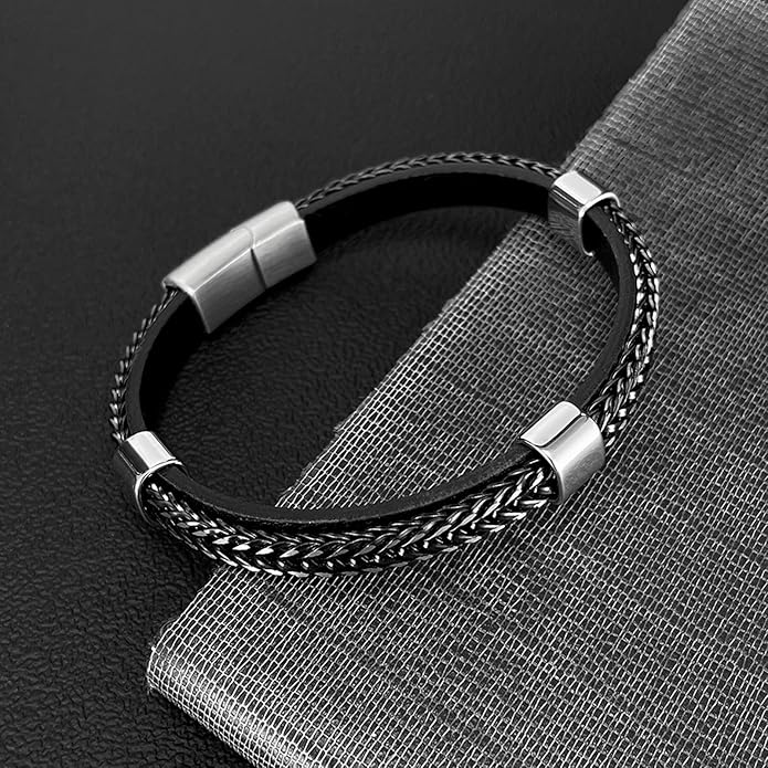 Italian Handmade Genuine Leather Bracelets for Men Stainless Steel Clip, Men's Casual Genuine Multi-layer Cuff Bracelet, Bracelet Gift for Real Men