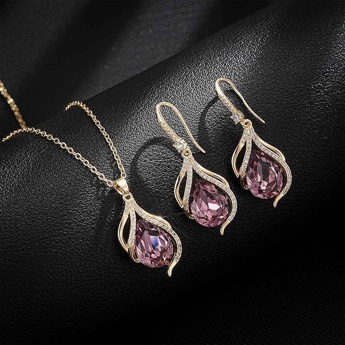 EVEVIC Austrian Crystals Teardrop Hollow Twisted Pendant Necklace Earrings for Women 14K Gold Plated Halo Drop Dangle Earrings Hypoallergenic Jewelry Set