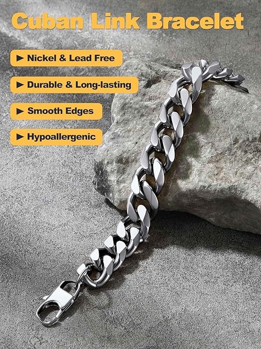 U7 Link Bracelets for Men, Cuban Link/Rope/Watch Band Solid Bracelet, Silver Black Gold Color Wrist Bracelet 3/6/9/12/15mm Width, 6.5/7.5/8.3 Inch Length, Hand Chain Jewelry for Mens Women
