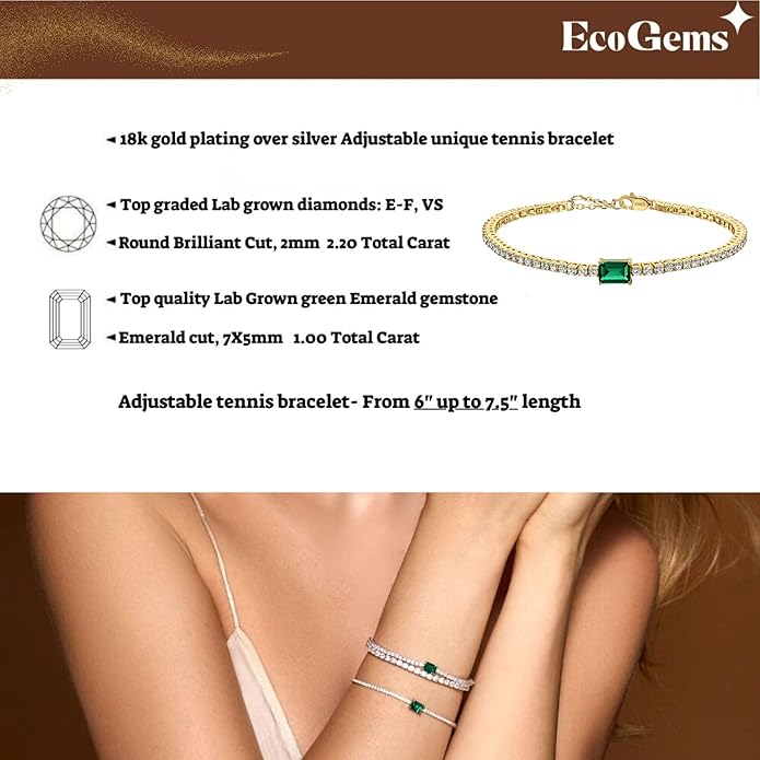 18K White/Yellow Gold Plated Silver Bracelet With Lab Grown Sapphire/Emerald/Ruby Surrounded With Lab Grown Diamond/Moissanite, Bracelet For Women Comes With Gift Box
