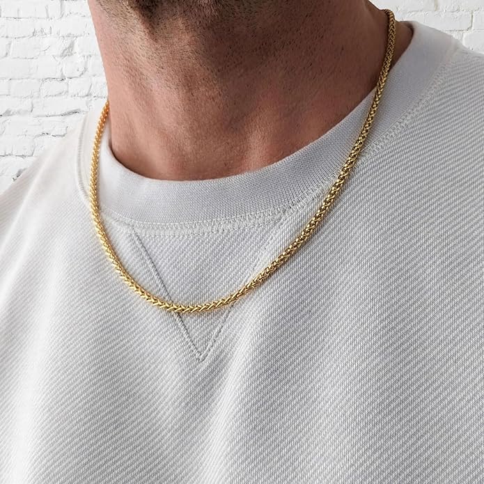 HZMAN 3.0 mm Stainless Steel Wheat Silver Chain Necklaces for Men & Women 16" -36"