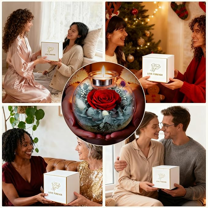 Forever Real Roses in Glass with Scented Candle, Christmas Gift Ideas Preserved Flower Christmas Gifts for Women Her Girlfriend Wife Mom on Valentines Birthday Anniversary Red