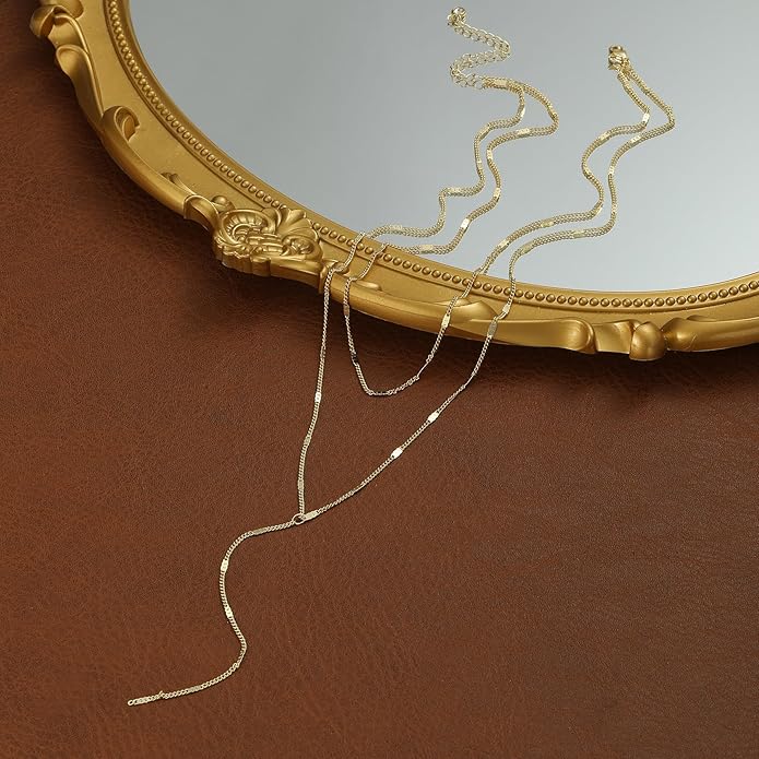 Long Gold Necklace for Women Trendy, Dainty Layered Lariat Necklace 14k Gold Plated Silver Y Shaped Beaded Chain Non Tarnish Drop Necklaces Simple Adjustable Jewelry Gift