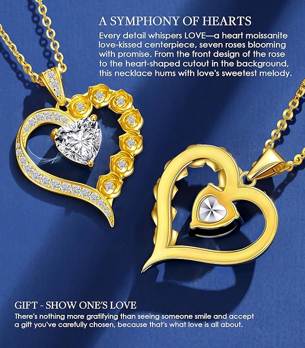 Beam & Bask 2-3 Carat Moissanite Rose Flower Heart Necklace for Her, Sterling Silver Plated with 18K Gold, Birthday, Wedding, Anniversary Pendant Jewelry for Girlfriend, Wife, Bride, Soulmate