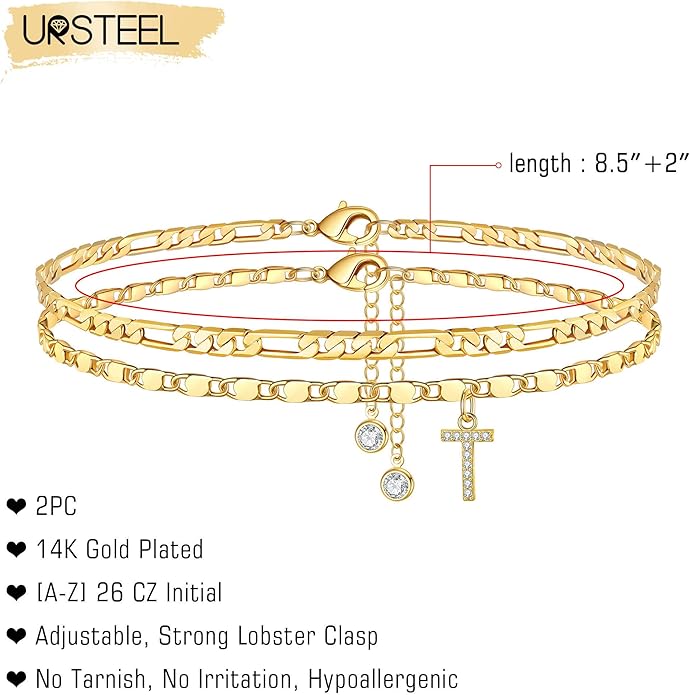 Ursteel Ankle Bracelets for Women, 14K-Gold-Plated Dainty Layered Chain CZ Initial Anklets Set Summer Jewelry Gifts for Women