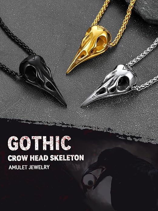 FaithHeart Viking Raven Necklace for Men, Norse Mythology Raven Skull Pendant Sturdy Stainless Steel Amulet Jewelry Gift for Men