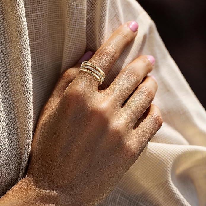 Emibele 14K Gold Plated Stackable Rings for Women, Interlocking Non Tarnish Gold Rings, Silver Dainty Cubic Zirconia Bands, Two-Toned Mixed Metal Stacking Band, Trendy Jewelry Gifts for Women