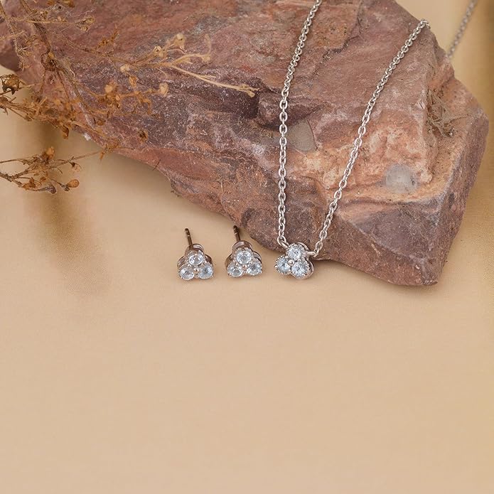 DEVSHINE 925 Sterling Silver Cluster Pendant & Earring Set with 2.5mm Round Natural Gemstones – Dainty Floral Design, Chain Included – Citrine, Rhodolite Garnet, Amethyst, Red Garnet & Sky Blue Topaz, 14K Gold & Rhodium Plating – Gift for Women