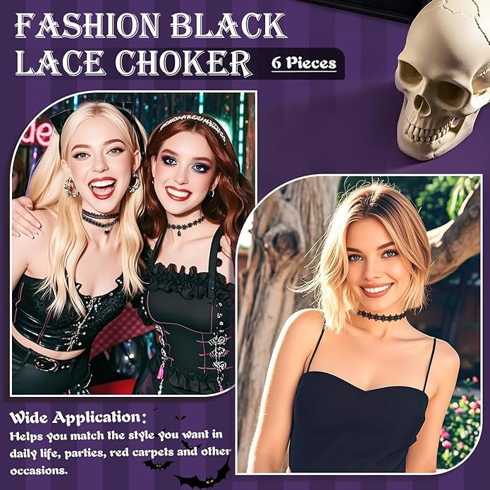 6pcs Costume Choker Necklace Women Black Lace Goth Vampire Accessories for Gothic Clothes
