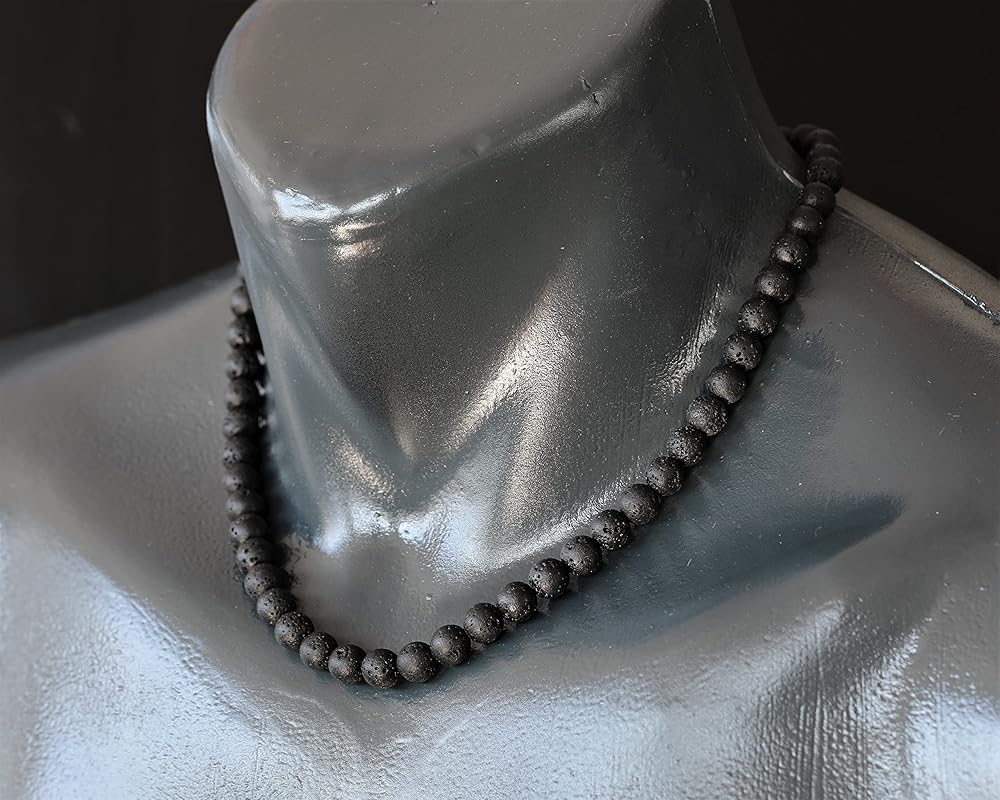 Natural Lava Stone Beaded Choker, Genuine Black Crystal Necklace, Fancy Gemstone Choker, 8mm Beads, Unique Fashion Jewelry, Healing Crystal Chakra Necklace, Durable Necklace, Cancer Zodiac Necklace