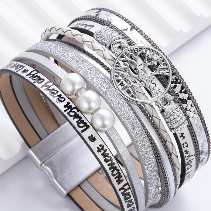 FANCY SHINY Tree of Life Leather Wrap Bracelet Inspirational Cuff Bangles Boho Pearl Bracelets with Magnetic Clasp Unique Jewelry Gifts for Women