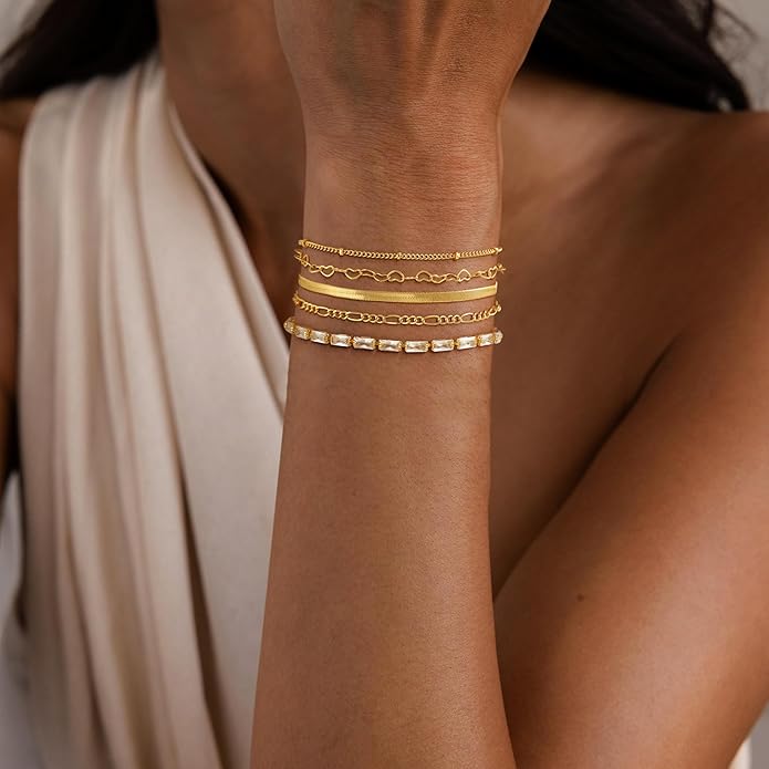 MBW Gold Bracelets for Women Trendy, Dainty 14K Gold Plated Bracelet Stack Beaded Chain Bracelet Set Thin Small Cute Paperclip Bracelets Fashion Waterproof Jewelry Gift Gold Accessories for Women