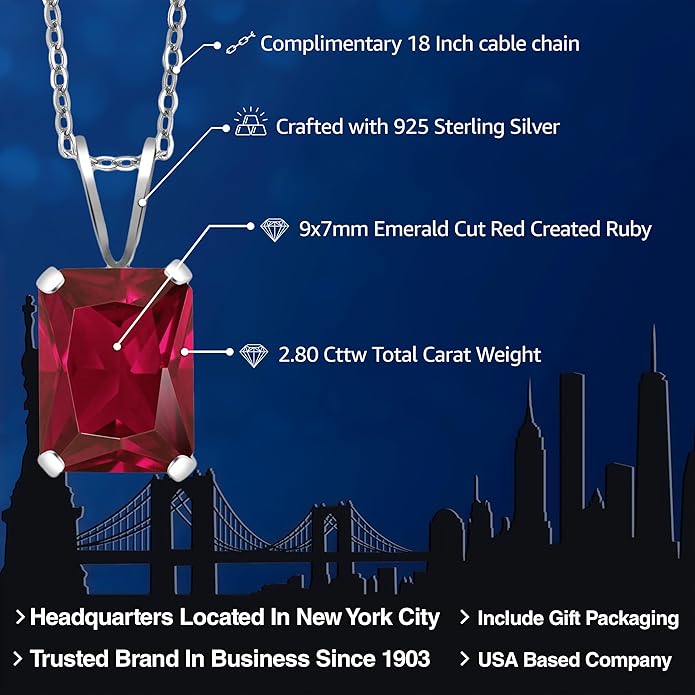Gem Stone King Emerald Cut Pendant Necklace For Women | 925 Sterling Silver | Emerald Cut 9X7MM | Gemstone Birthstone | Fine Jewelry for Her Mom Wife | With 18 Inch Silver Chain