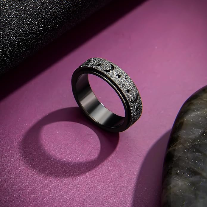 AmorArtSky Anxiety Ring for Women Men, Titanium Stainless Steel Spinner Ring, 5 Colors, 6MM, Size 6-10, 3 Styles Anxiety Ring-Moon Star, Sandblasted Finished, Hollow Outer