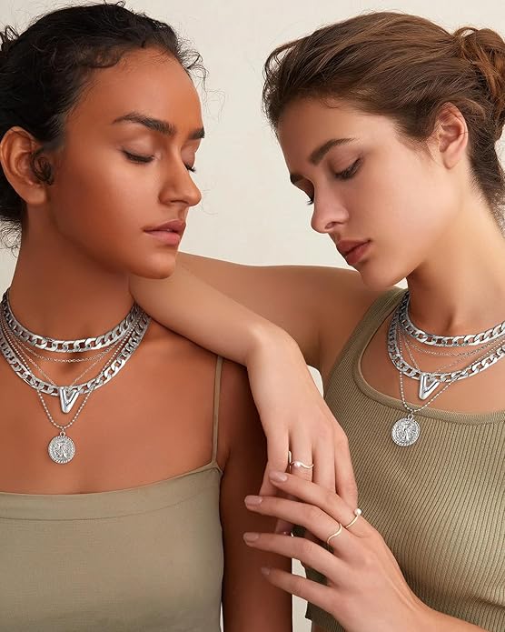 MJartoria Layered Necklaces for Women Trendy Balloon Initial Coin Pendant Necklace Dainty Chunky Chain Choker Necklaces Jewelry Birthday Gifts