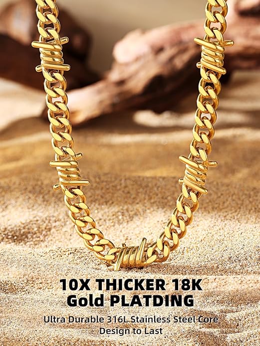 Bestyle Barbed Wire Necklace 5/7/9/12mm Mens Chain Necklaces Hip-hop Punk Gothic Stainless Steel Chain Heavy Thick Cuban Link Chain for Men Women, Length 16/18/20 Inch