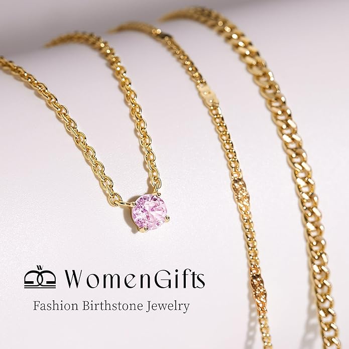 WomenGifts Layered Gold Necklaces for Women, 14K Gold Sterling Silver Plated Dainty Pendant Necklace Set with Cubic Zirconia Circle, Chunky Stackable Cuban Chain Choker, Trendy Personalized Birthstone Jewelry Gift Non Tarnish