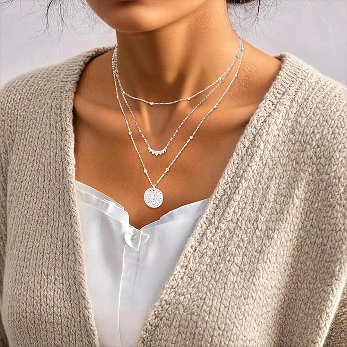 ASCOMY Gold Necklace for Women 14K Gold/Silver Plated Layered Necklaces Stackable Layering Cross Necklace Stacked Coin Pendant Pearl Herringbone Chain Stacking Gold Choker Trendy Jewelry Gift for Her